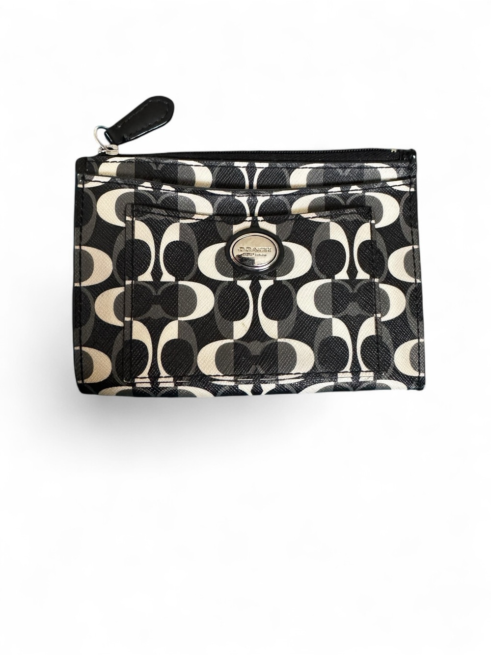 Coach Black and Cream Signature Card Wallet with Zip
